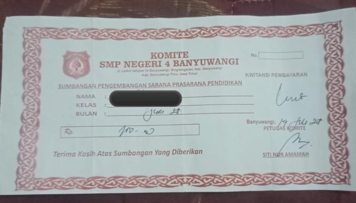 Diduga Pungli Penarikan Rp.100.000 Sumbangan Pengembangan Pembangunan Sarana Prasarana Pendidikan SMP Negeri 4 Banyuwangi