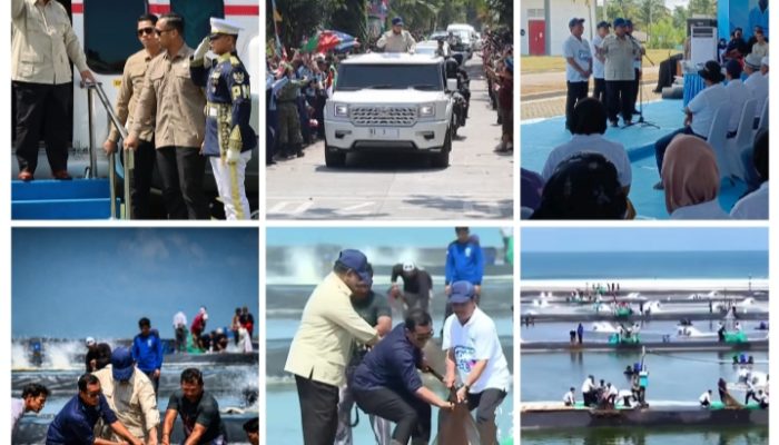 Prabowo Ikut Menarik Jala Di Tambak Udang Kebumen